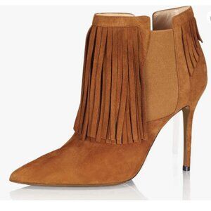 YDN Brown High Heel Tassels Ankle Boots Pointed Toe Elastic Pull On Suede Bootie